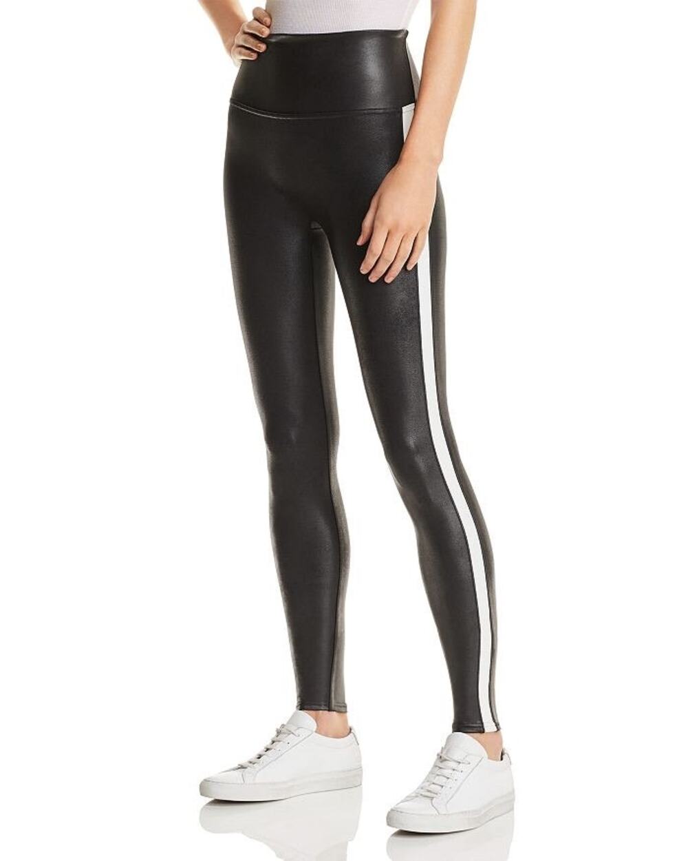 SPANX Faux Leather Leggings Tummy Control Side Stripe Black White size XL